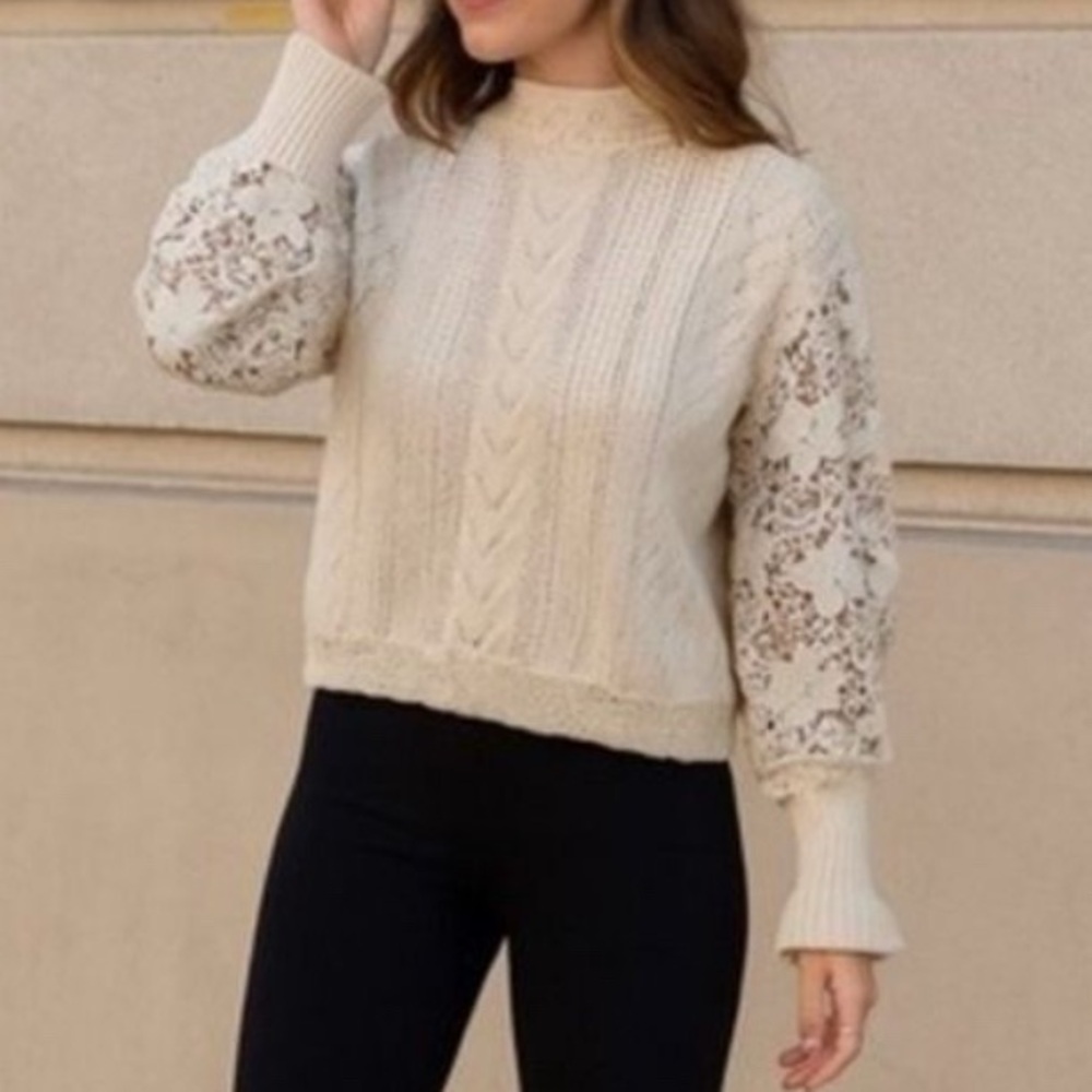 Womens White Floral Lace Cotton Crochet Knit Ruffle Mock Neck Sweater sz XL Chic